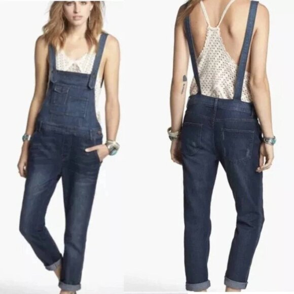 Free People Milo distressed denim overalls exposed back bodycon cowgirl boho 31 - Picture 1 of 9